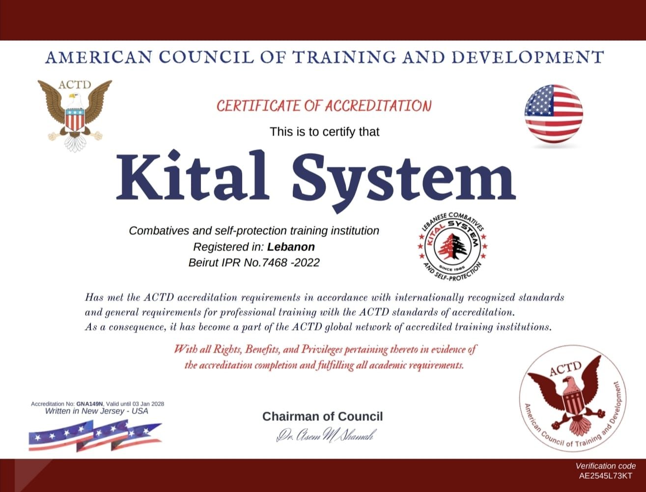 ACTD Certificate of Accreditation — American Council of Training and Development